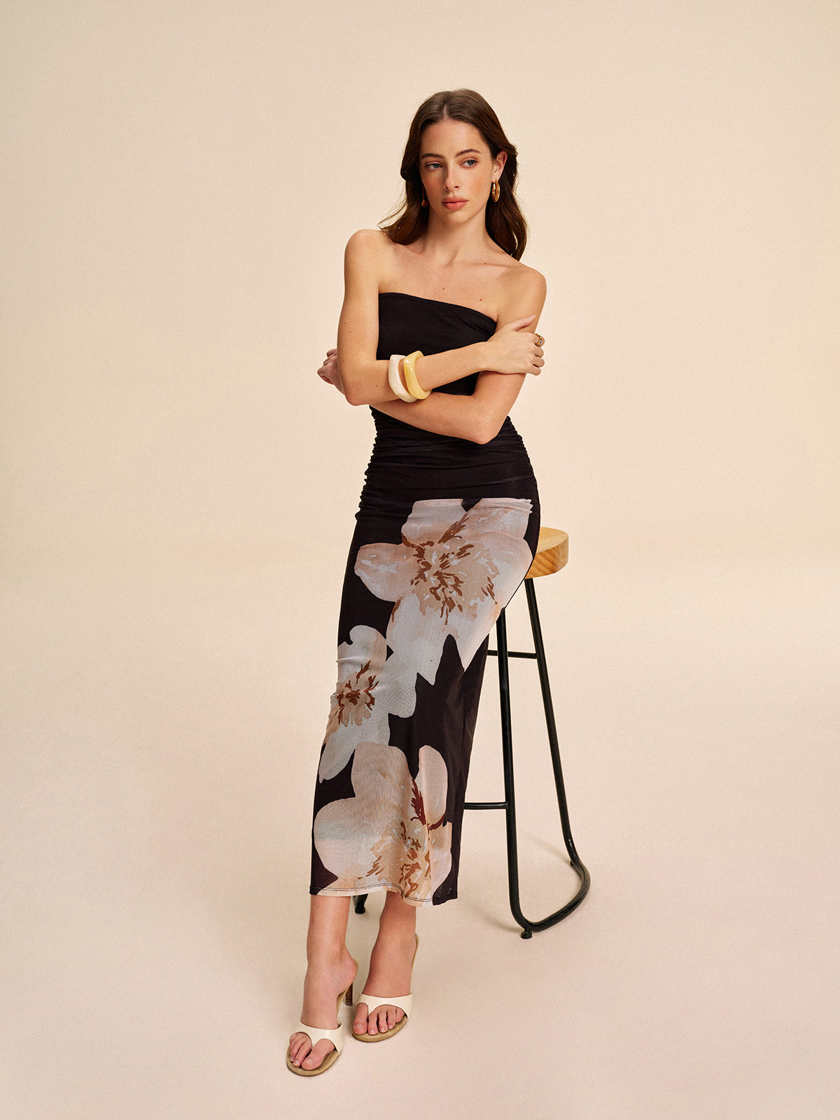 Semi-Sheer Strapless Dress in Ruched Floral Mesh