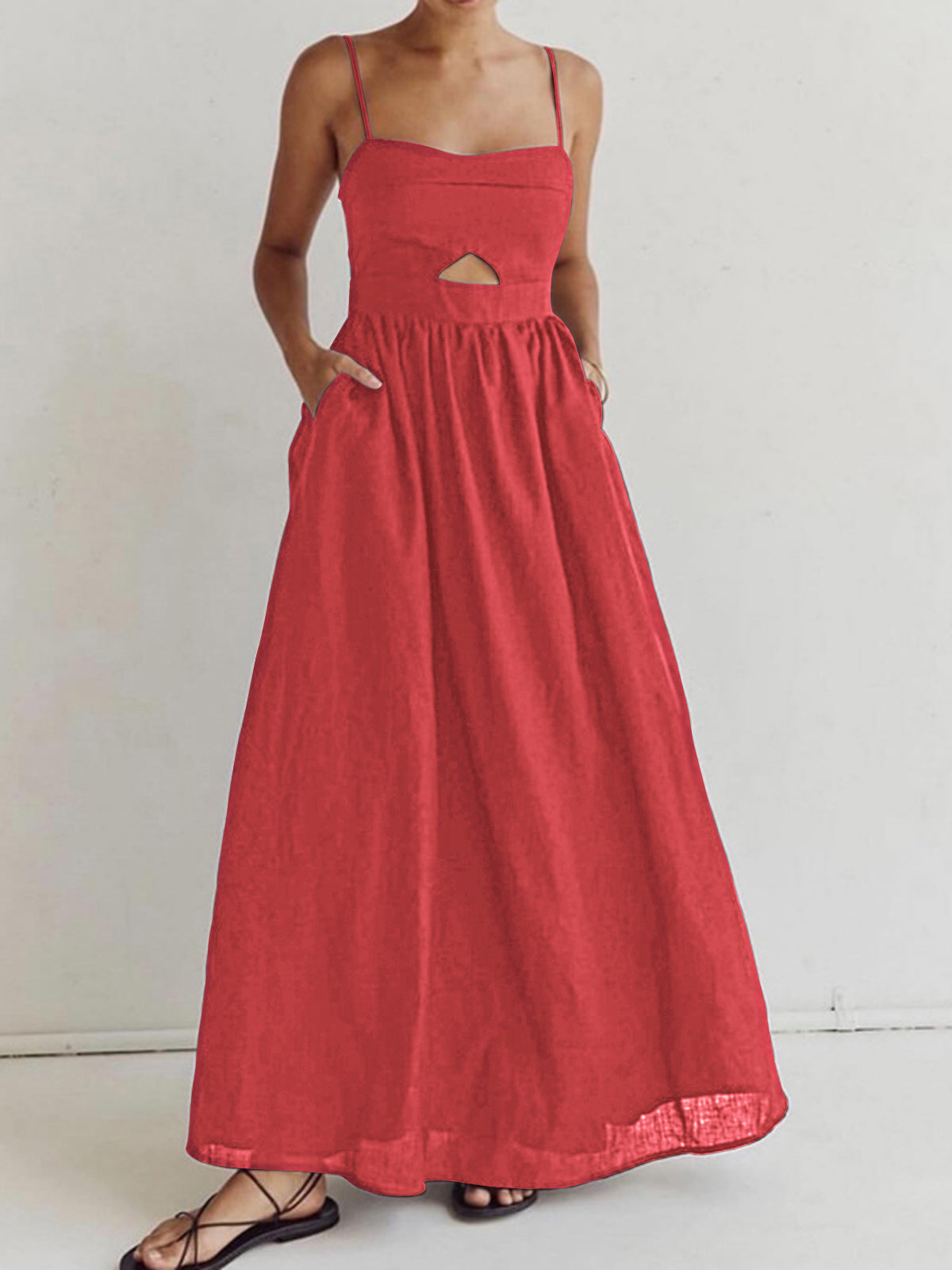 Cotton Sleeveless Long Dress with Pockets and Cutout Details