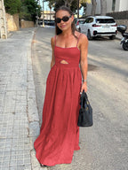 Cotton Sleeveless Long Dress with Pockets and Cutout Details