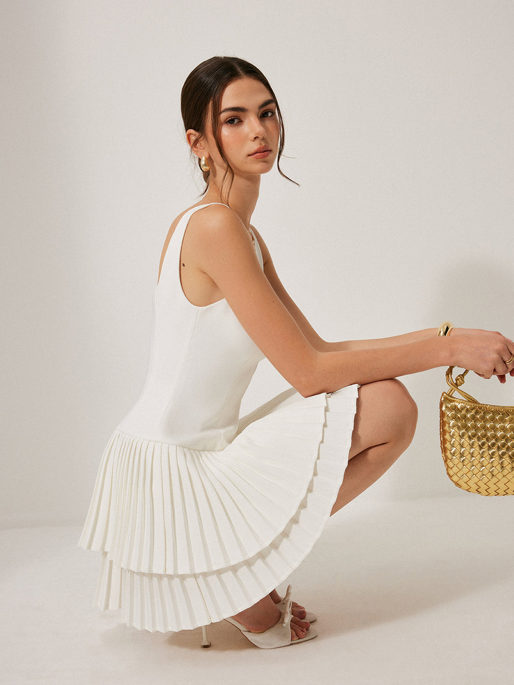 Elegant Square-Neck Pleated Dress