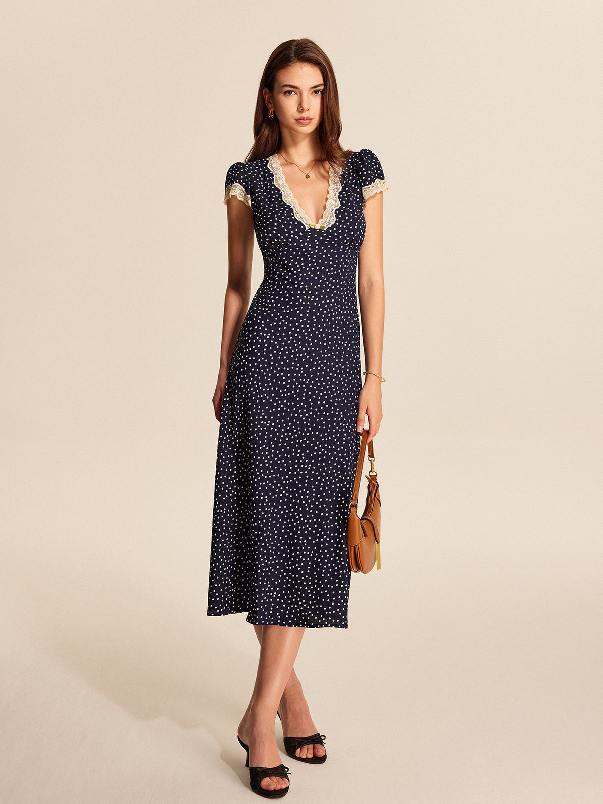 Polka Dot Lace-Trim Dress - Effortlessly Chic with Delicate Lace Accents