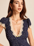 Polka Dot Lace-Trim Dress - Effortlessly Chic with Delicate Lace Accents