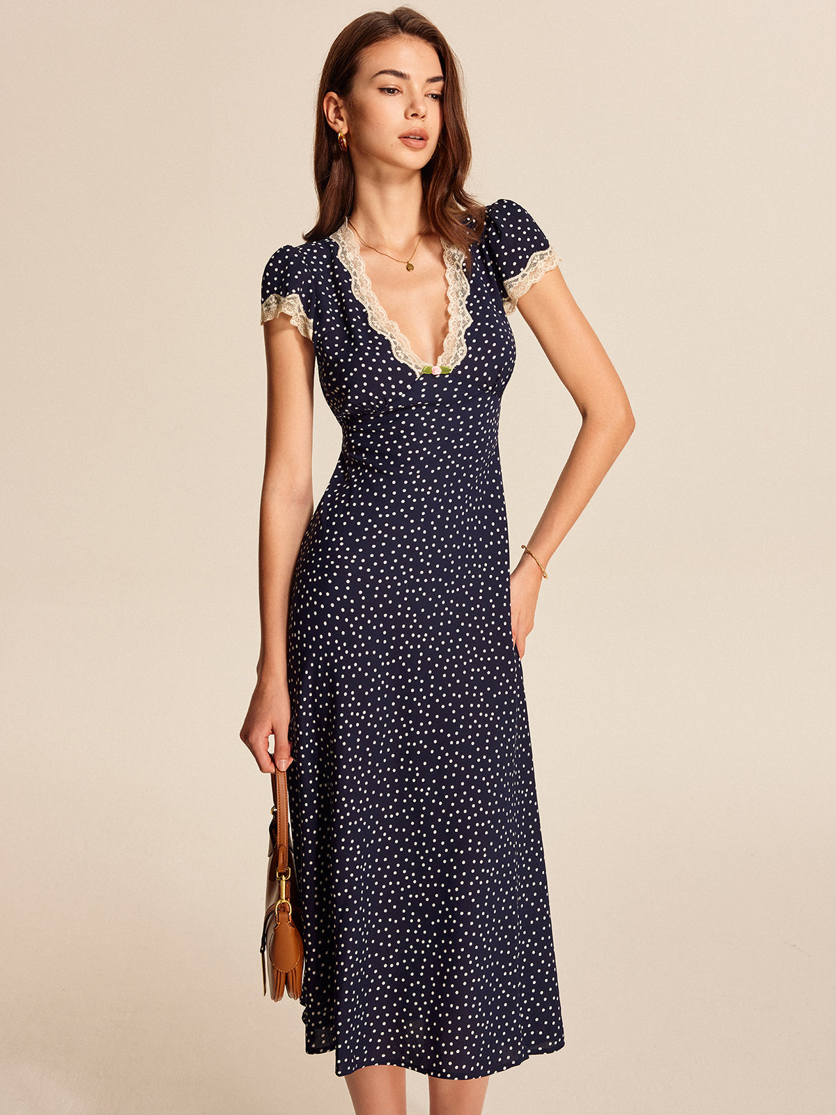Polka Dot Lace-Trim Dress - Effortlessly Chic with Delicate Lace Accents