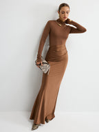 Satin-Panel Maxi Dress with Mock-Neck and Long Sleeves