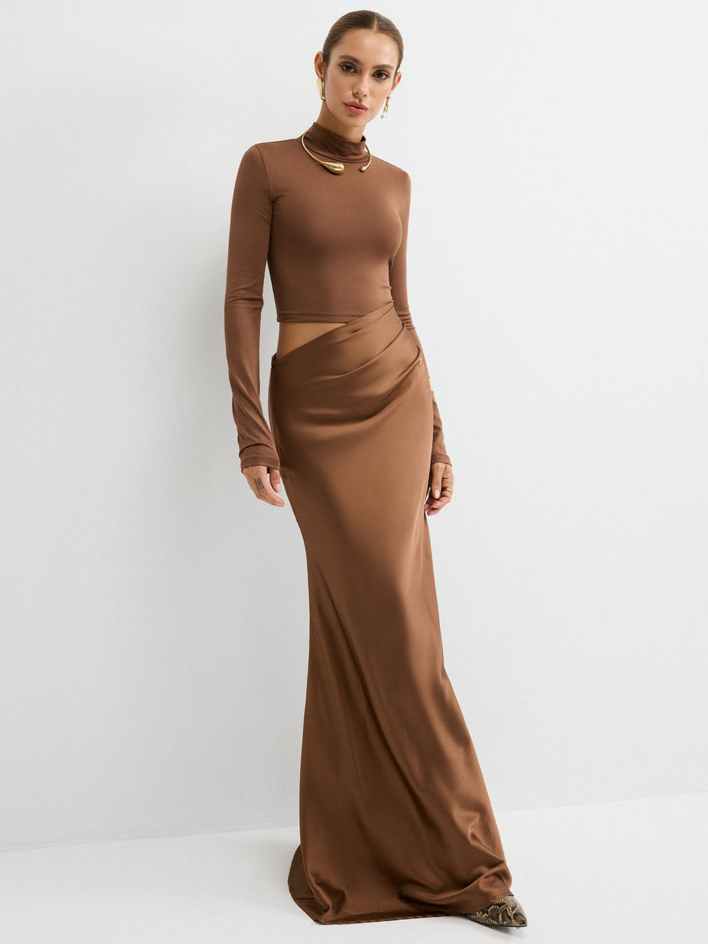 Satin-Panel Maxi Dress with Mock-Neck and Long Sleeves