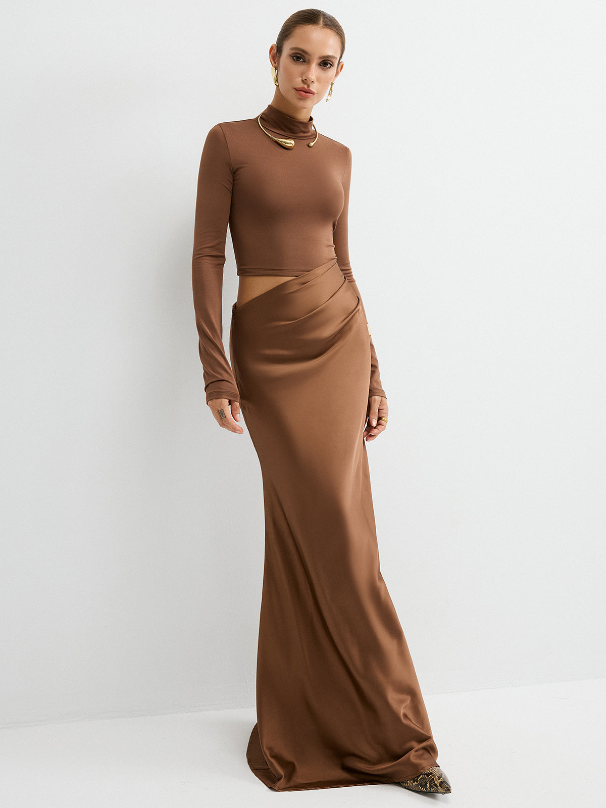 Satin-Panel Maxi Dress with Mock-Neck and Long Sleeves