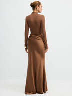 Satin-Panel Maxi Dress with Mock-Neck and Long Sleeves