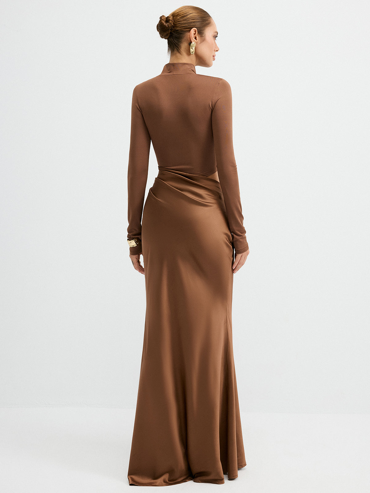 Satin-Panel Maxi Dress with Mock-Neck and Long Sleeves