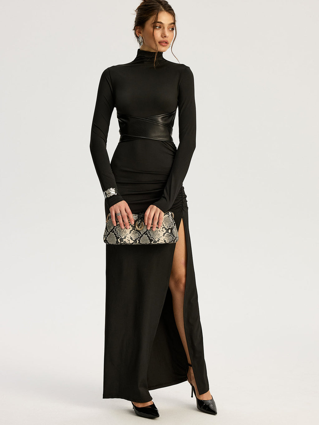 Chic Belted High-Slit Turtleneck Maxi Dress