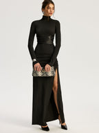 Chic Belted High-Slit Turtleneck Maxi Dress