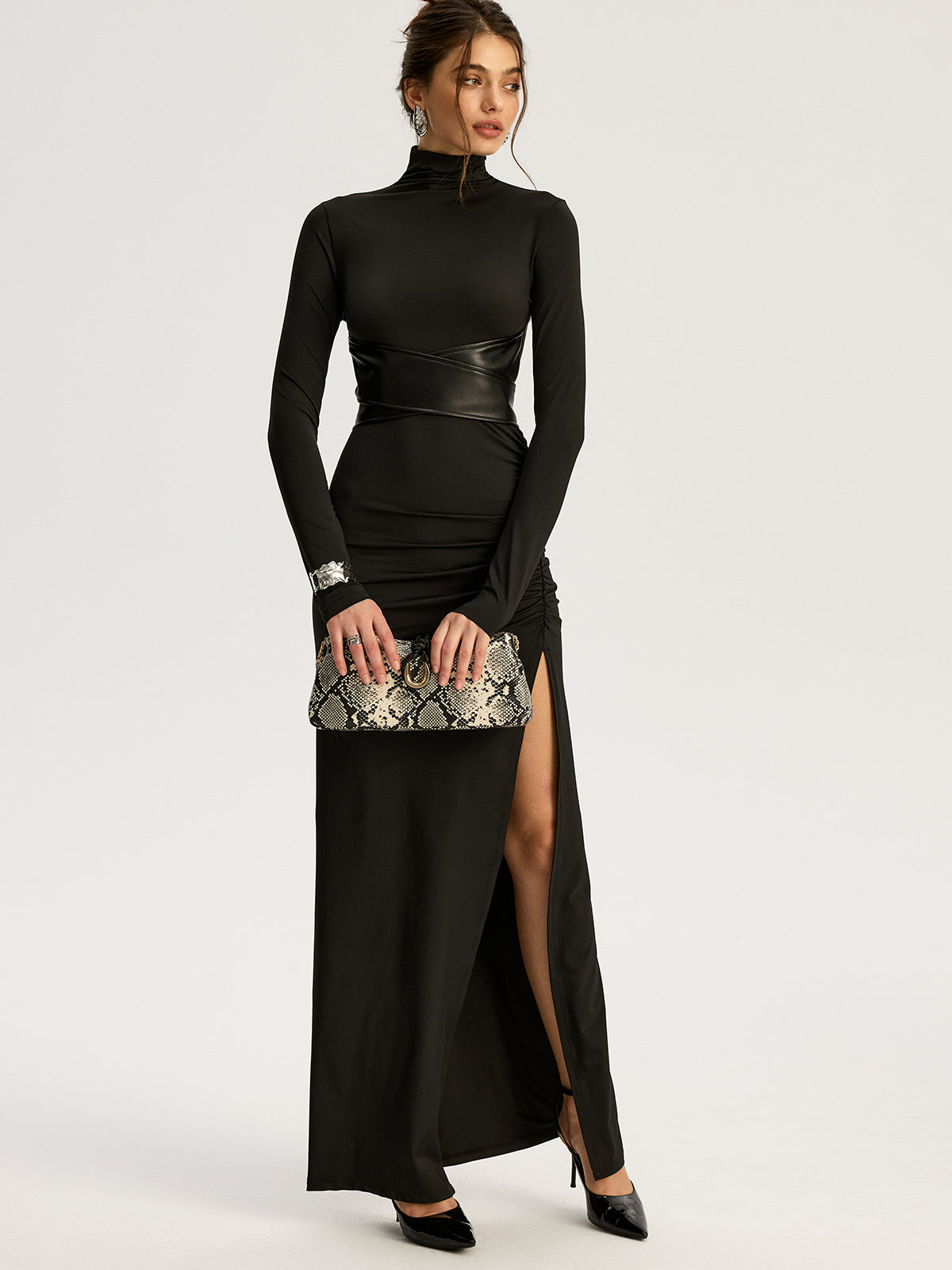 Chic Belted High-Slit Turtleneck Maxi Dress