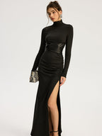Chic Belted High-Slit Turtleneck Maxi Dress