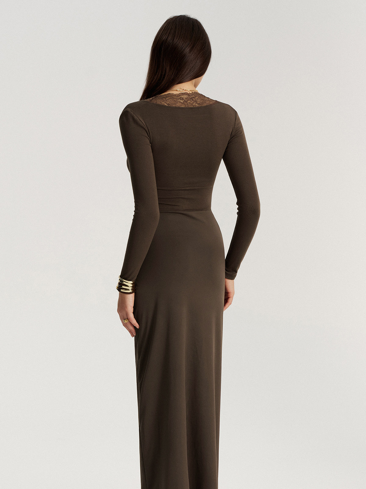 Elegant Twisted Lace V-Neck Ruched Maxi Dress