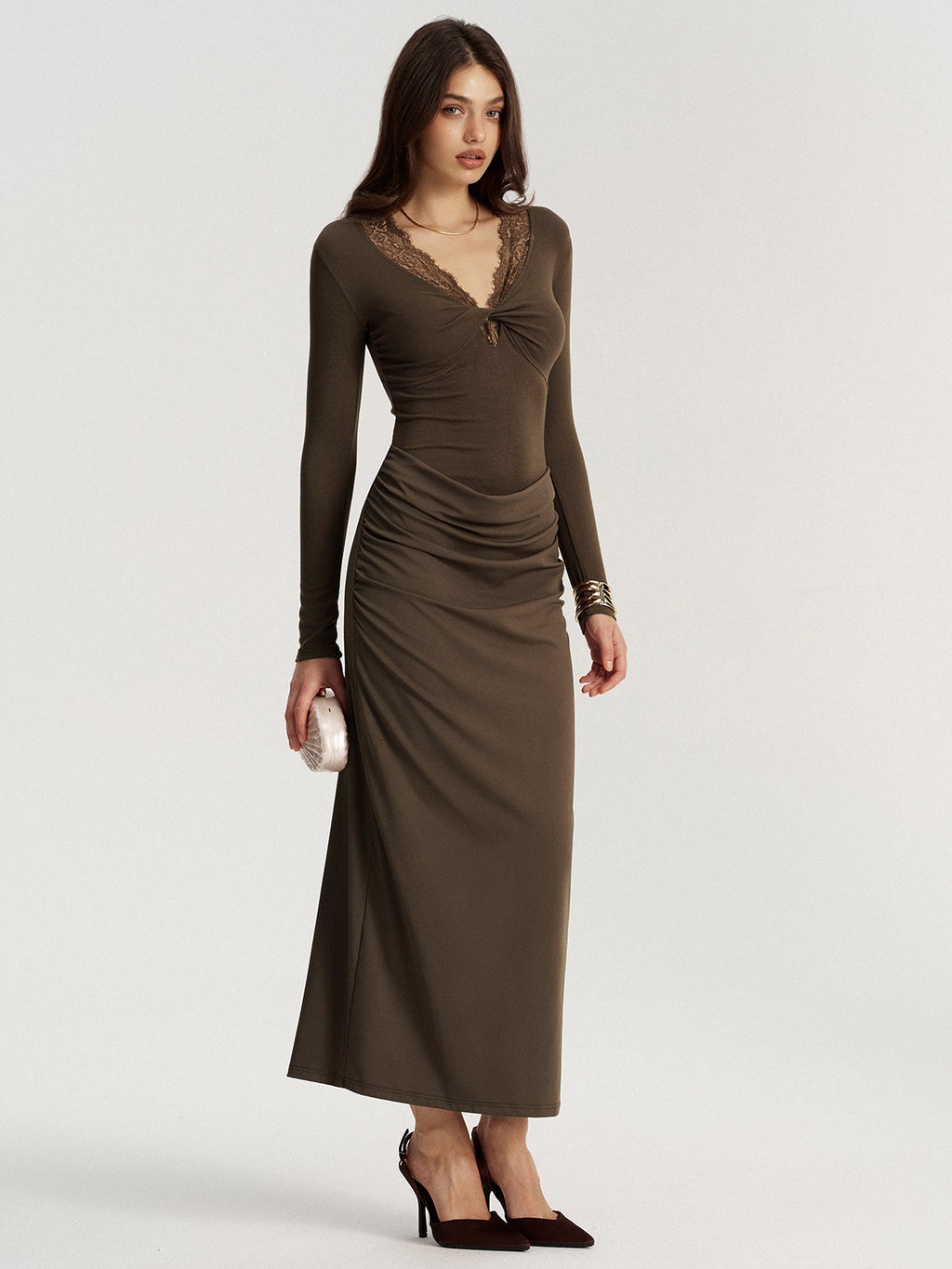 Elegant Twisted Lace V-Neck Ruched Maxi Dress