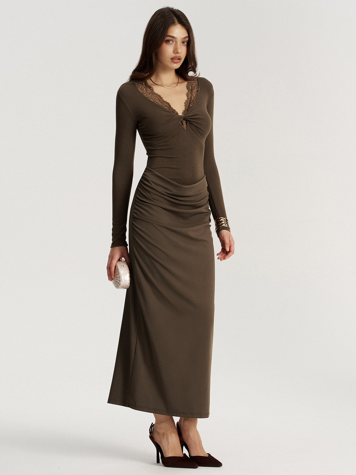 Elegant Twisted Lace V-Neck Ruched Maxi Dress