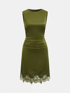 Luxe Satin Mini Dress with Delicate Lace Hem and Ruched Detailing – Sleeveless