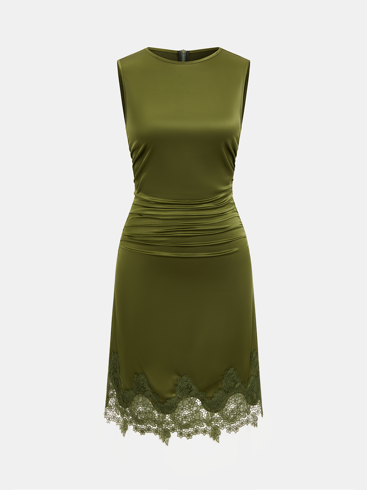 Luxe Satin Mini Dress with Delicate Lace Hem and Ruched Detailing – Sleeveless