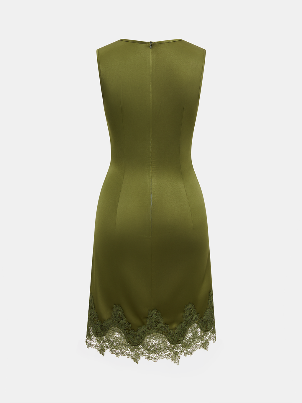 Luxe Satin Mini Dress with Delicate Lace Hem and Ruched Detailing – Sleeveless