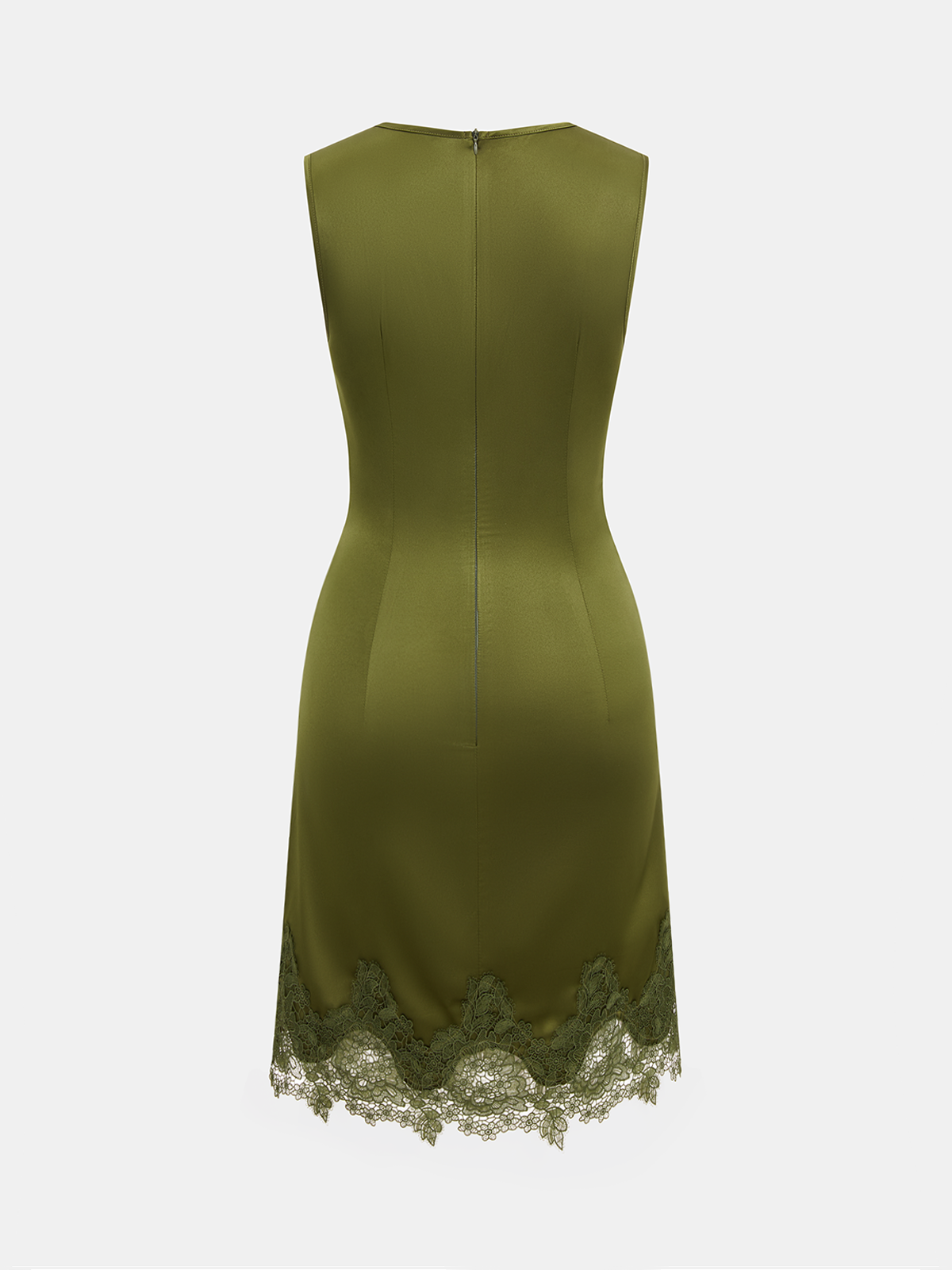 Luxe Satin Mini Dress with Delicate Lace Hem and Ruched Detailing – Sleeveless