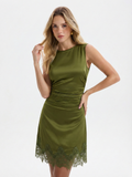 Luxe Satin Mini Dress with Delicate Lace Hem and Ruched Detailing – Sleeveless