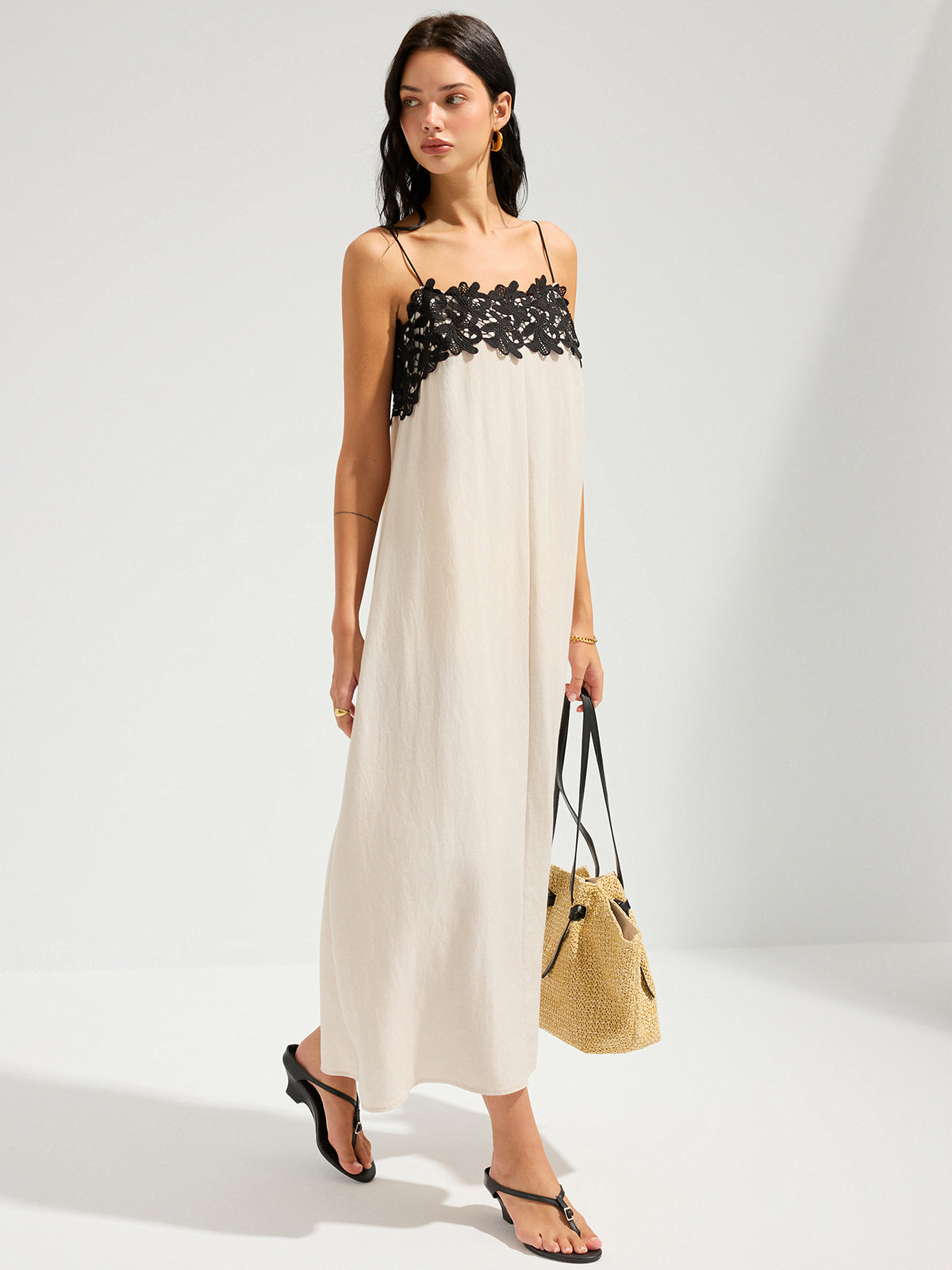Chic Lace-Trim Linen-Blend Cami Maxi Dress