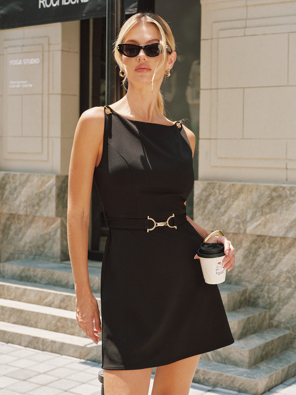 Chic Sleeveless Mini Dress with Chain-Strap Detailing and Belted Waist
