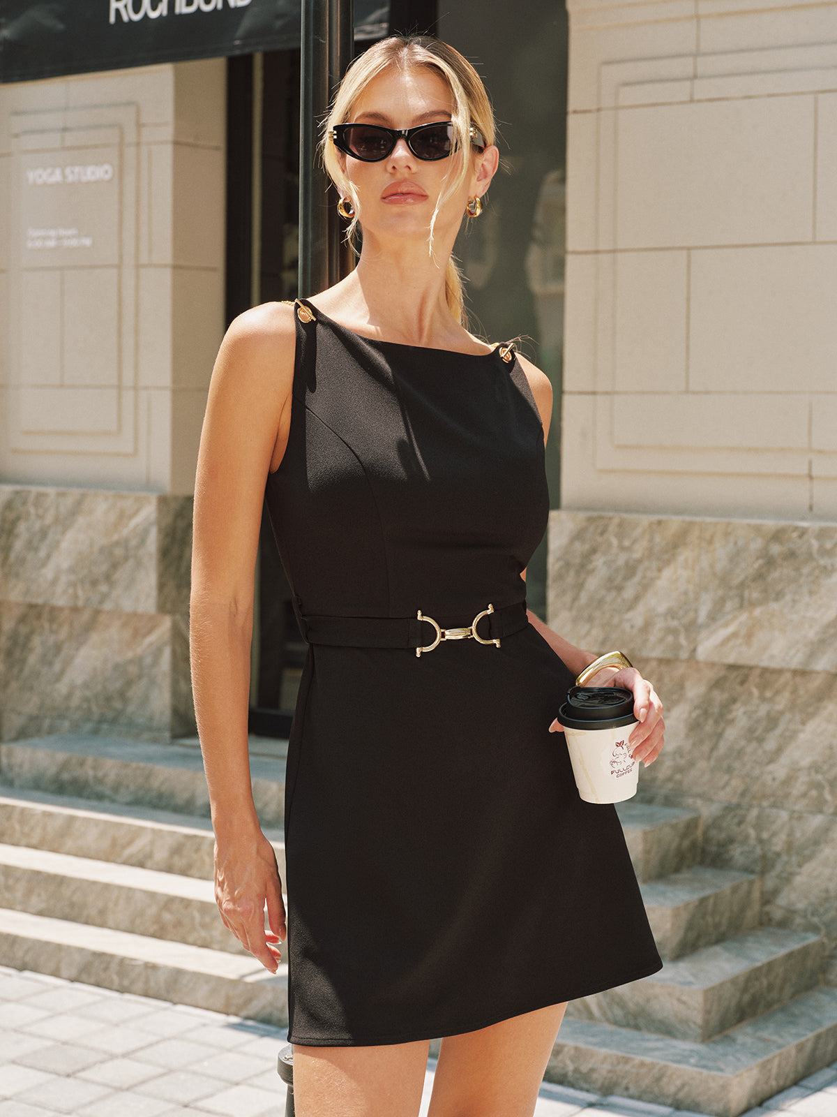 Chic Sleeveless Mini Dress with Chain-Strap Detailing and Belted Waist