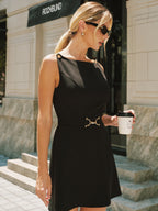 Chic Sleeveless Mini Dress with Chain-Strap Detailing and Belted Waist