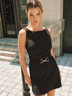 Chic Sleeveless Mini Dress with Chain-Strap Detailing and Belted Waist