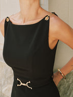 Chic Sleeveless Mini Dress with Chain-Strap Detailing and Belted Waist
