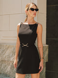 Chic Sleeveless Mini Dress with Chain-Strap Detailing and Belted Waist