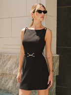 Chic Sleeveless Mini Dress with Chain-Strap Detailing and Belted Waist
