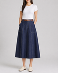 Navy A-line denim midi skirt with belt, worn front view