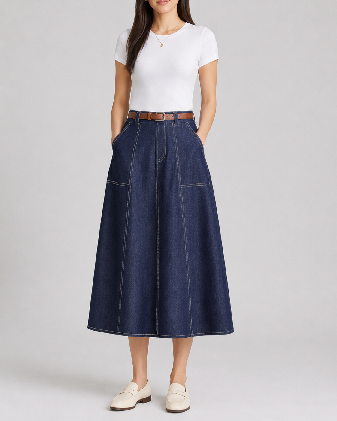 Navy A-line denim midi skirt with belt, worn front view