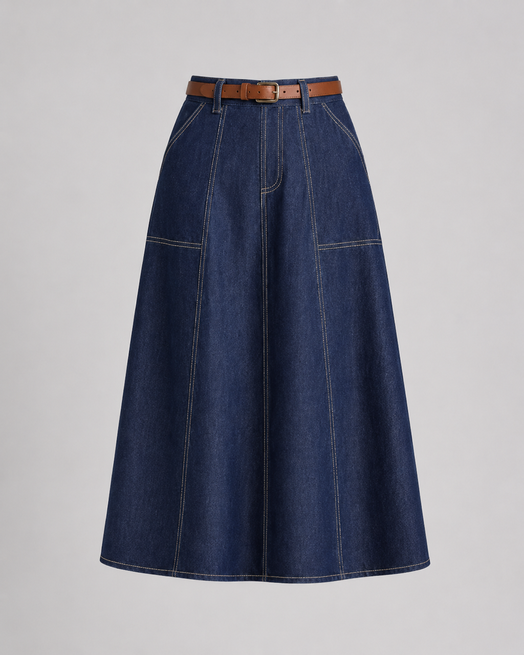 Navy denim A-line midi skirt with belt, product flat