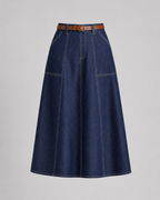 Navy denim A-line midi skirt with belt, product flat