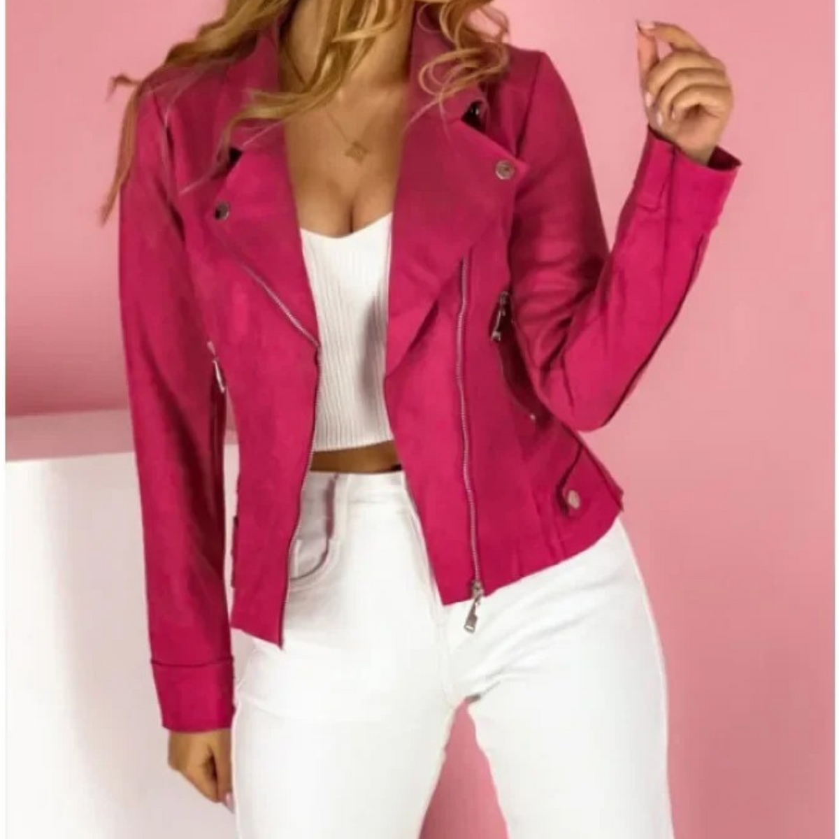 Pink faux-suede moto jacket, on model