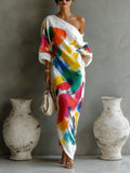 White abstract print one-shoulder maxi dress, on model