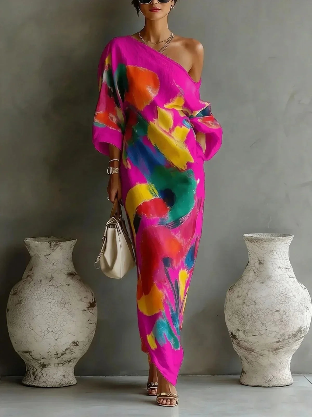 Pink abstract print one-shoulder maxi dress, on model