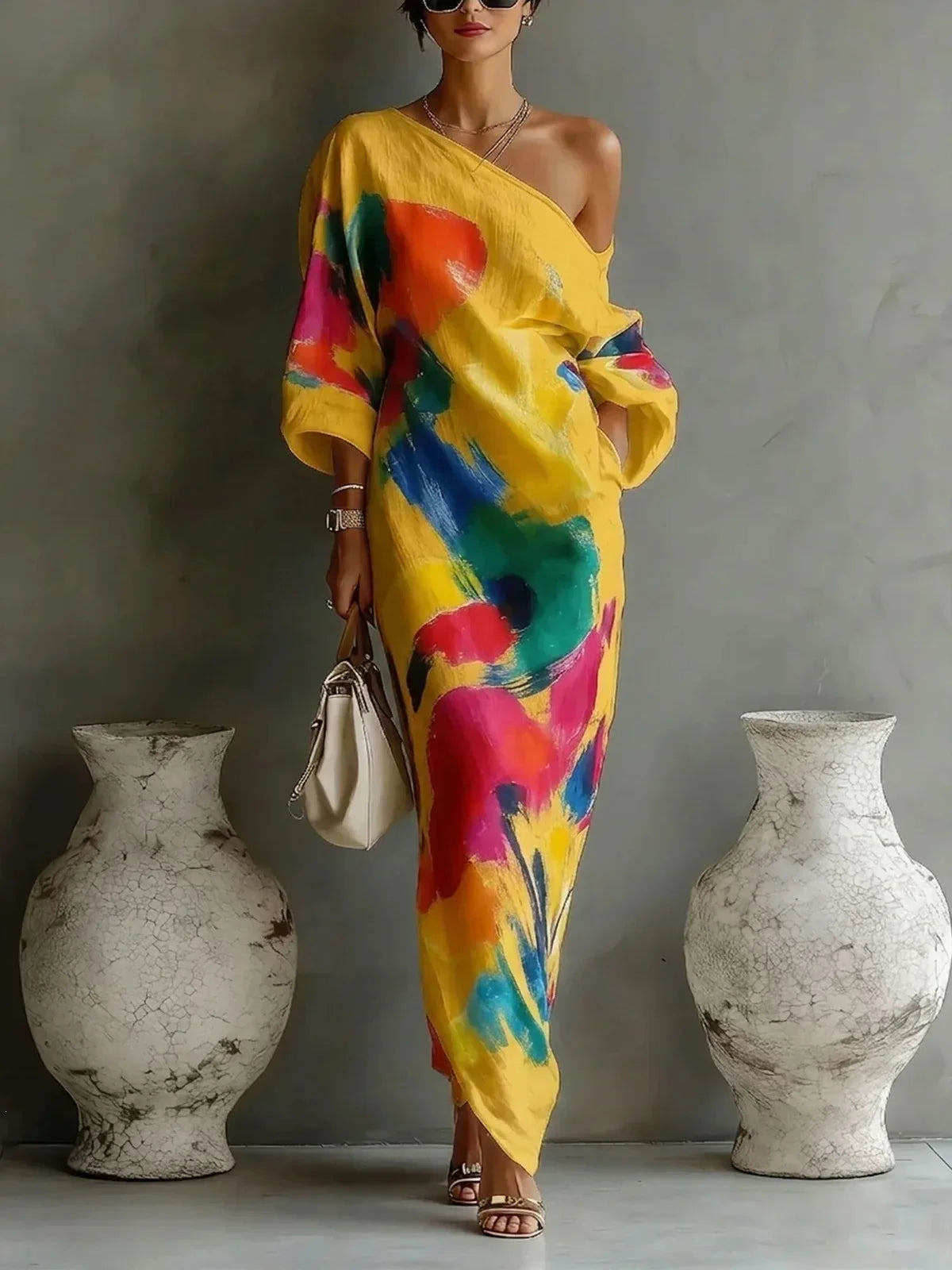 Yellow abstract print one-shoulder maxi dress, on model