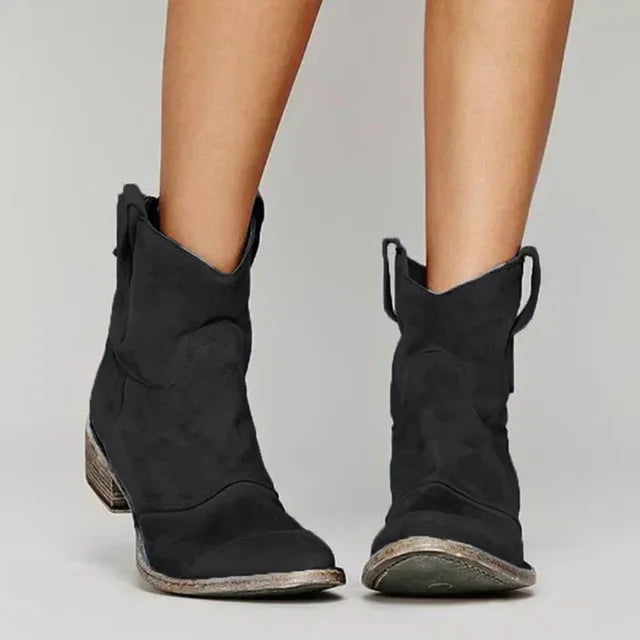 Black distressed western ankle boots, worn