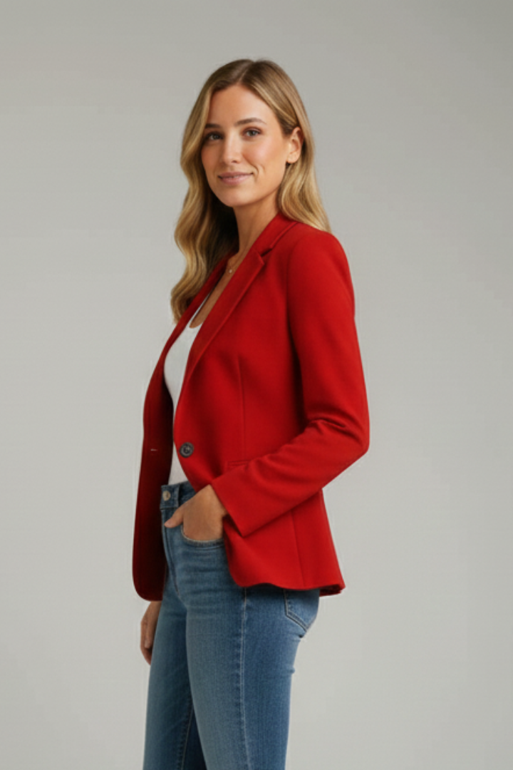 Red blazer, side view on model
