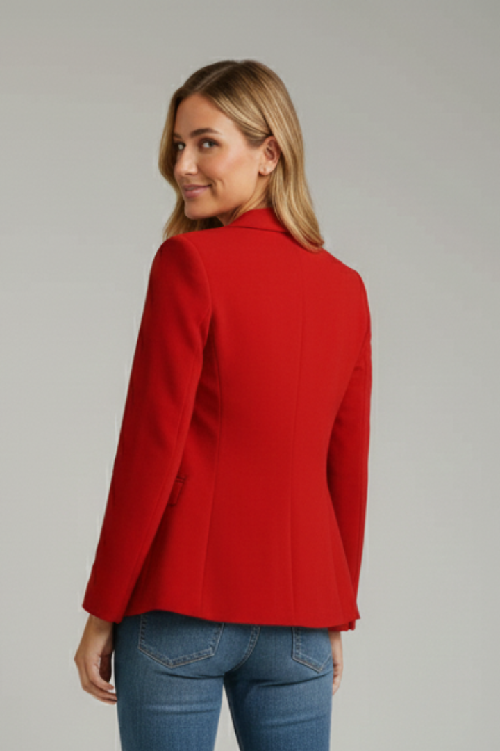 Red blazer, back view on model