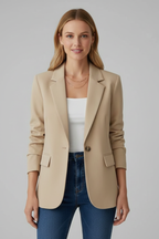 Beige tailored notch-lapel blazer, on model