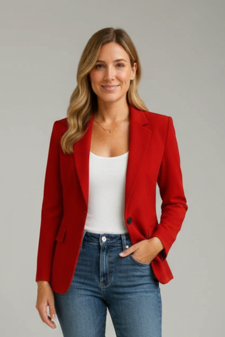 Red tailored notch-lapel blazer, on model