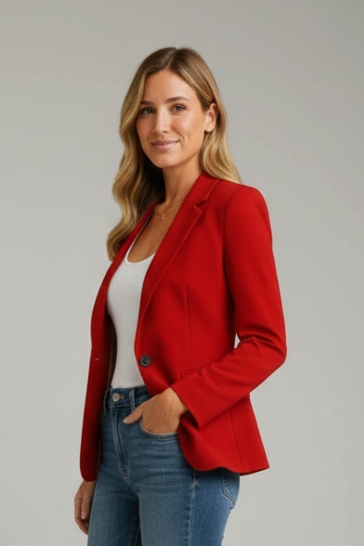 Red blazer, three-quarter view on model