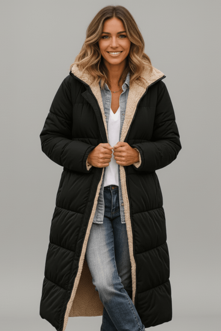 Black hooded longline sherpa-lined puffer coat, front on model