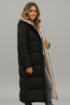 Black puffer coat, side profile