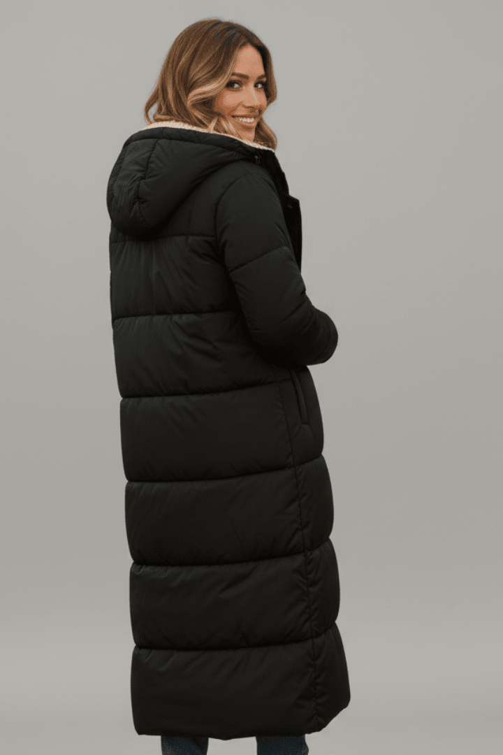 Black puffer coat, back view