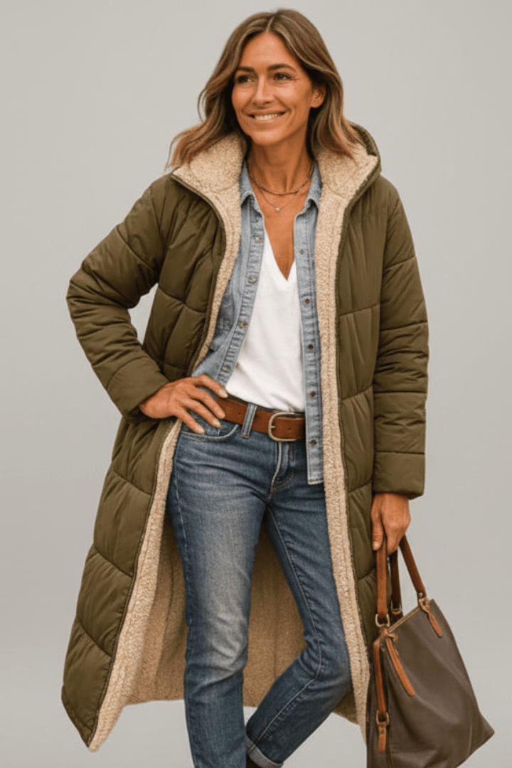 Army green hooded longline puffer coat, front on model